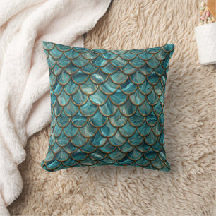 Aqua Pearlescent & Gold Mermaid Scale Pattern  Cushion