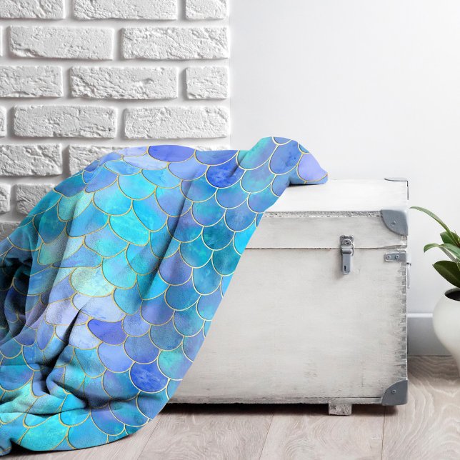 Aqua Pearlescent & Gold Mermaid Scale Pattern Fleece Blanket (Creator Uploaded)