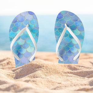 Aqua Pearlescent & Gold Mermaid Scale Pattern Flip Flops