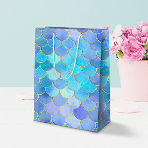 Aqua Pearlescent & Gold Mermaid Scale Pattern Medium Gift Bag