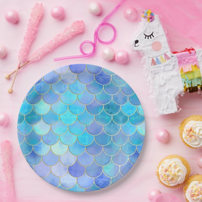 Aqua Pearlescent & Gold Mermaid Scale Pattern Paper Plate (Party)