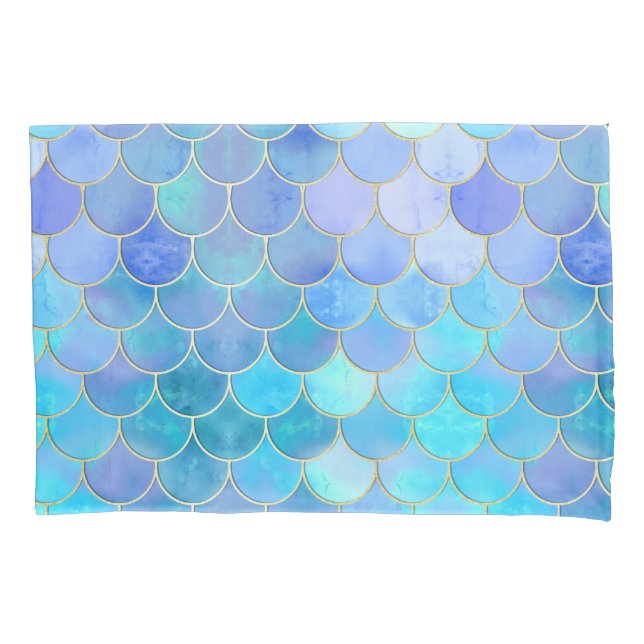Aqua Pearlescent & Gold Mermaid Scale Pattern Pillowcase (Front)