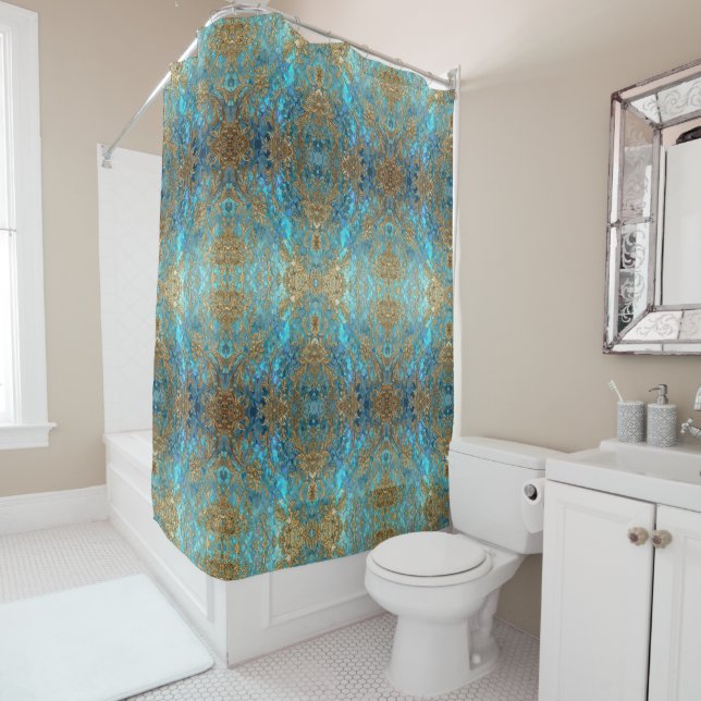 Aqua Pearlescent & Gold Mermaid Scale Pattern  Shower Curtain (In Situ)