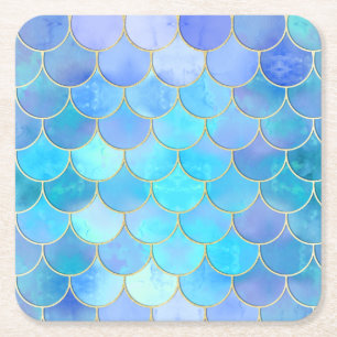 Aqua Pearlescent & Gold Mermaid Scale Pattern Square Paper Coaster