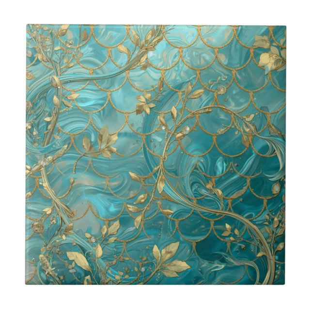 Aqua Pearlescent & Gold Mermaid Scale Pattern  Tile (Front)