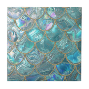 Aqua Pearlescent & Gold Mermaid Scale Pattern Tile