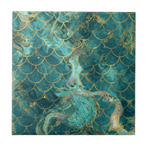 Aqua Pearlescent & Gold Mermaid Scale Pattern  Tile