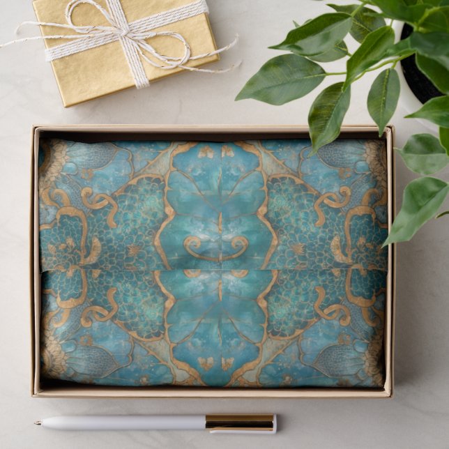 Aqua Pearlescent & Gold Mermaid Scale Pattern  Tissue Paper (Gift)