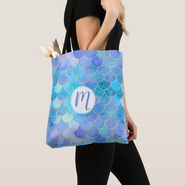 Aqua Pearlescent & Gold Mermaid Scale Pattern Tote Bag (Close Up)