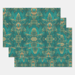 Aqua Pearlescent & Gold Mermaid Scale Pattern Wrapping Paper Sheet