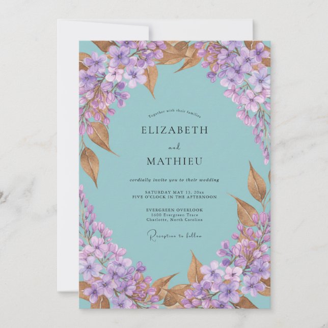 Aqua Periwinkle Hydrangea Eucalyptus Wedding Invitation (Front)