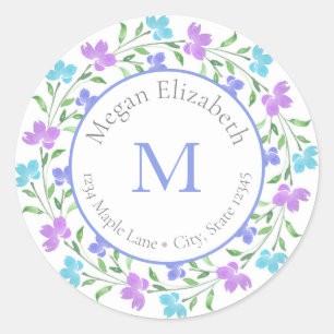 Aqua Periwinkle Purple Floral Wreath label