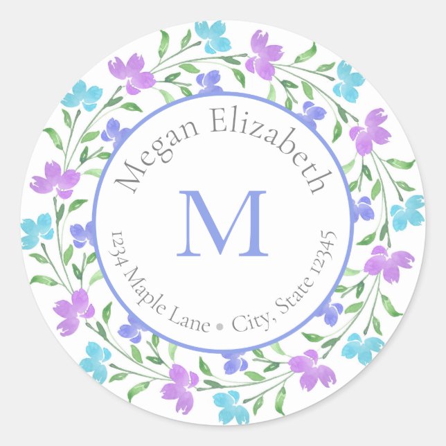  Aqua Periwinkle Purple Floral Wreath label (Front)