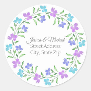 Aqua, Periwinkle, Purple Watercolor Floral Wreath Classic Round Sticker