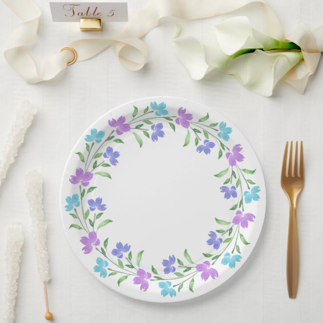 Aqua, Periwinkle, Purple Watercolor Floral Wreath Paper Plate (Wedding)
