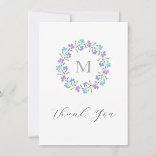 Aqua, Periwinkle, Purple Watercolor Floral Wreath Thank You Card