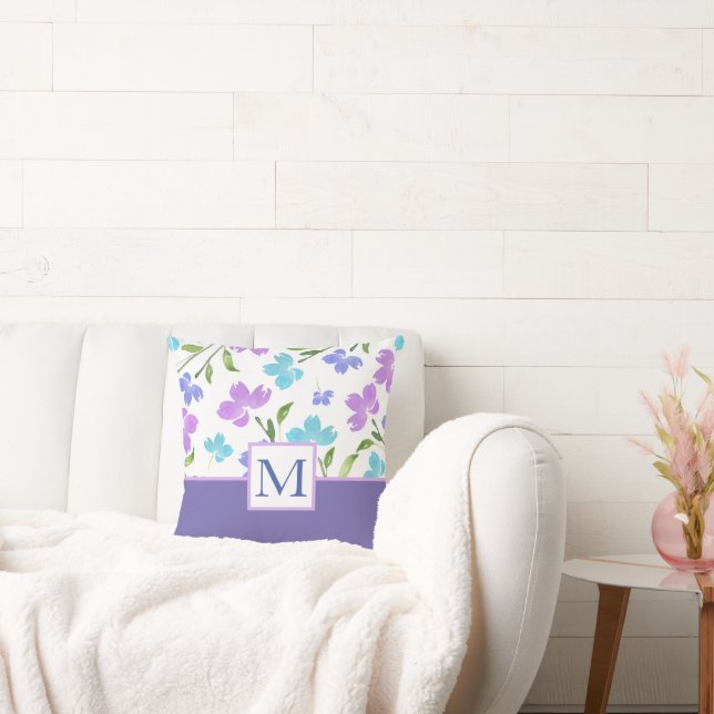 Aqua Periwinkle Purple Watercolor Flower Stems Cushion (Couch)