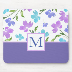 Aqua Periwinkle Purple Watercolor Flower Stems Mouse Mat
