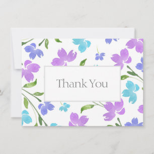 Aqua Periwinkle Purple Watercolor Flower Stems Thank You Card