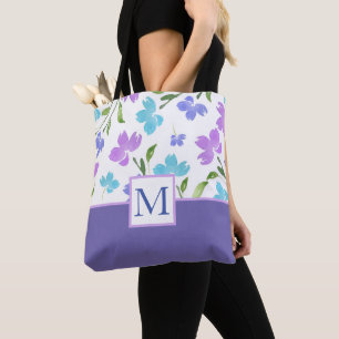 Aqua Periwinkle Purple Watercolor Flower Stems Tote Bag