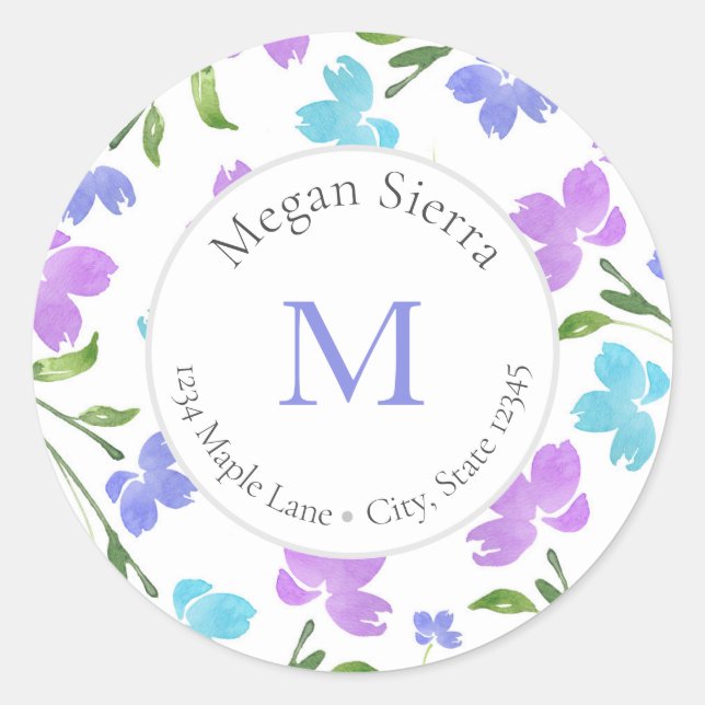 Aqua Periwinkle Purple Watercolor Flowers labels (Front)
