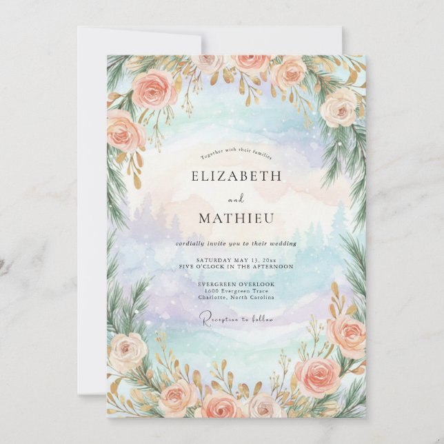 Aqua Periwinkle Rose Wedding Invitation (Front)