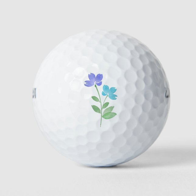 Aqua Periwinkle Watercolor Flower Stems Golf Balls (Front)