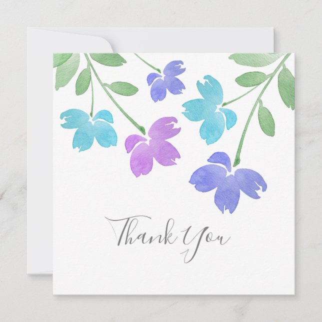 Aqua, Periwinkle Watercolor Flower Stems Thank You Card (Front)