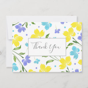Aqua, Periwinkle, Yellow Watercolor Floral Stems Thank You Card