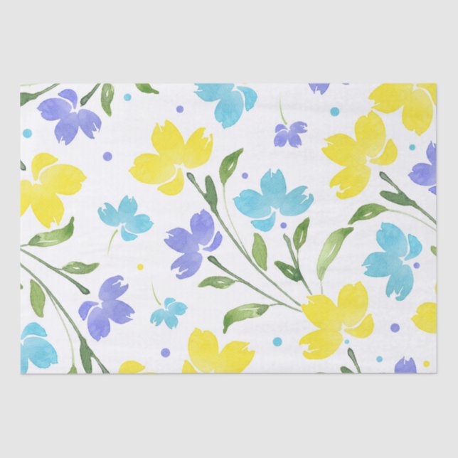 Aqua Periwinkle Yellow Watercolor Floral Stems    Tissue Paper (Front)