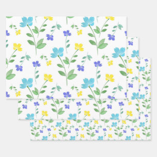 Aqua, Periwinkle, Yellow Watercolor Flower Pattern Wrapping Paper Sheet