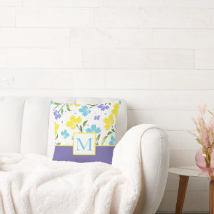 Aqua Periwinkle Yellow Watercolor Flower Stems Cushion