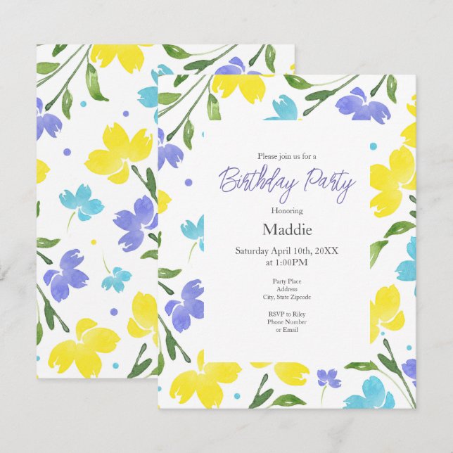 Aqua, Periwinkle, Yellow Watercolor Flower Stems Invitation (Front/Back)