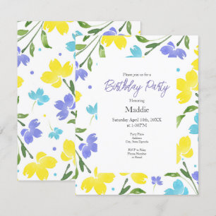 Aqua, Periwinkle, Yellow Watercolor Flower Stems Invitation