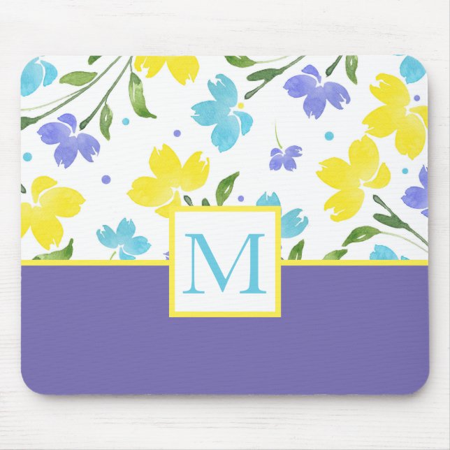 Aqua Periwinkle Yellow Watercolor Flower Stems Mouse Mat (Front)