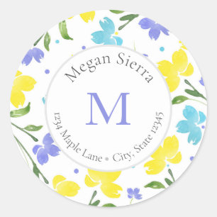 Aqua Periwinkle & Yellow Watercolor Flowers labels