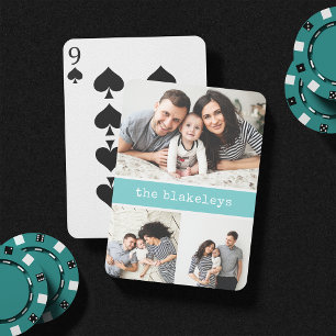 Aqua Personalised Family Name 3 Photo Collage Playing Cards