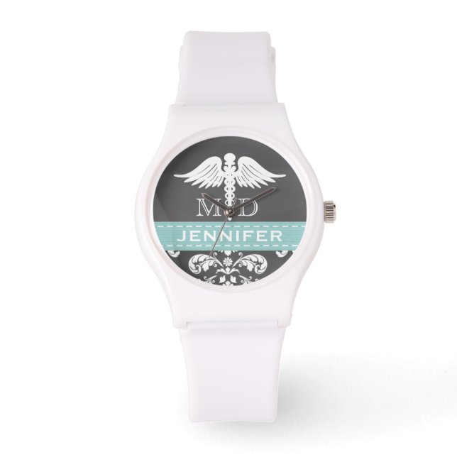 AQUA PERSONALIZED DOCTOR CADUCEUS CHALKBOARD WATCH (Front)