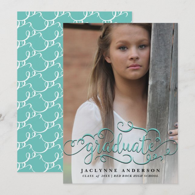Aqua Photo Calligraphy Graduation Announcement (Front/Back)