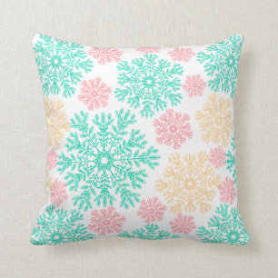 Aqua Pink and Gold Snowflakes Pattern Cushion