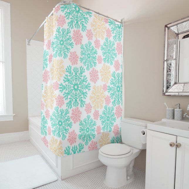 Aqua Pink and Gold Snowflakes Pattern Shower Curtain (In Situ)