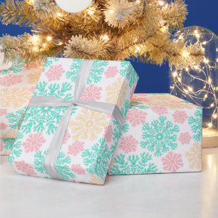 Aqua Pink and Gold Snowflakes Pattern Wrapping Paper