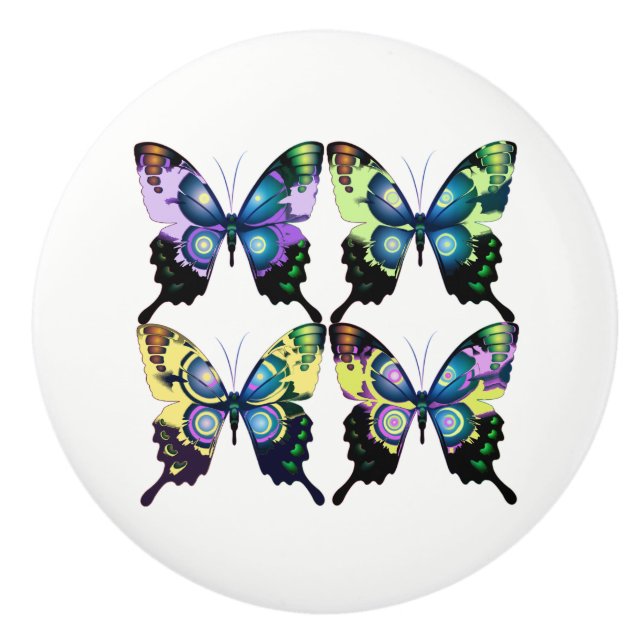 Aqua, Pink, and Yellow -  Elegant Butterflies Ceramic Knob (Front)