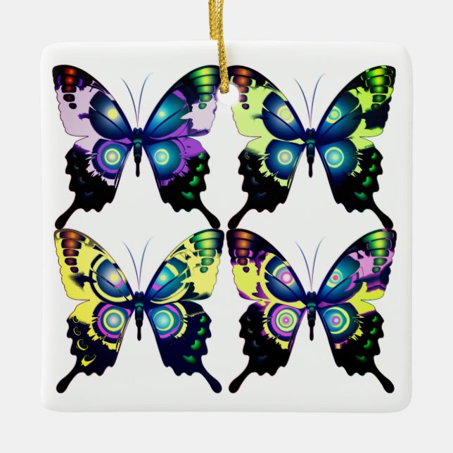 Aqua, Pink, and Yellow -  Elegant Butterflies Ceramic Ornament (Front)