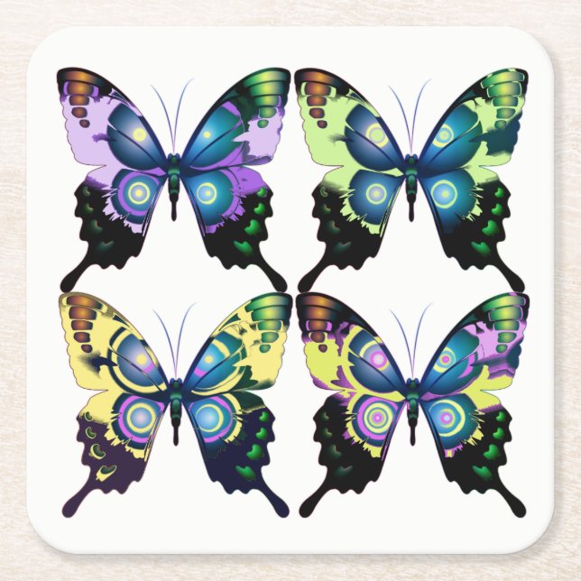 Aqua, Pink, and Yellow -  Elegant Butterflies Square Paper Coaster (Front)