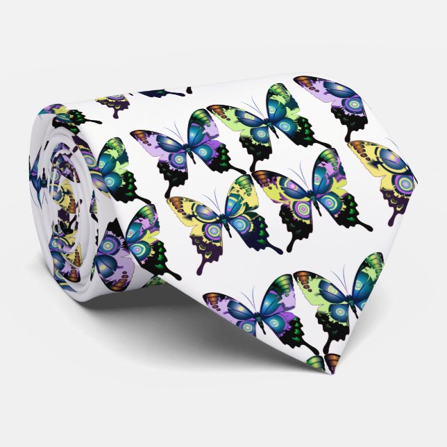 Aqua, Pink, and Yellow -  Elegant Butterflies Tie (Rolled)