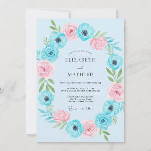 Aqua Pink Anemone Wedding Invitation