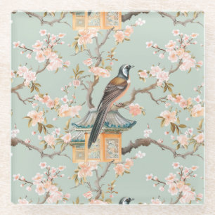 Aqua Pink Bird & Blossom Chinoiserie Glass Coaster