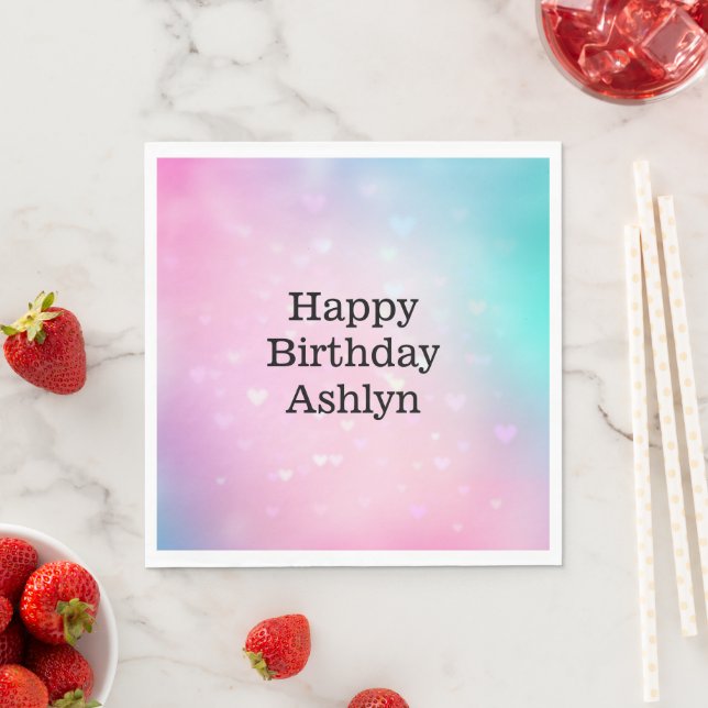 Aqua Pink Bokeh Hearts Birthday Napkin (Insitu)
