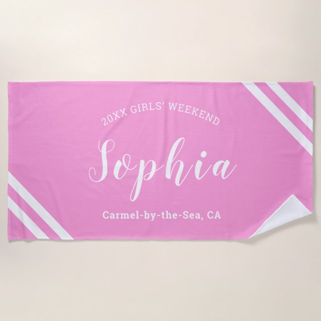 Aqua Pink Boys Girls Weekend Personalised Name Beach Towel (Front)